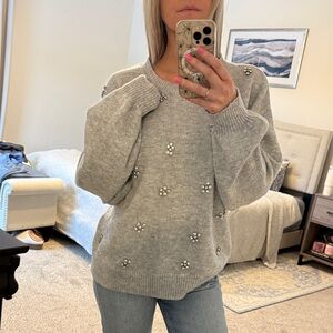 SHEIN Gray Pearl-Embellished Sweater